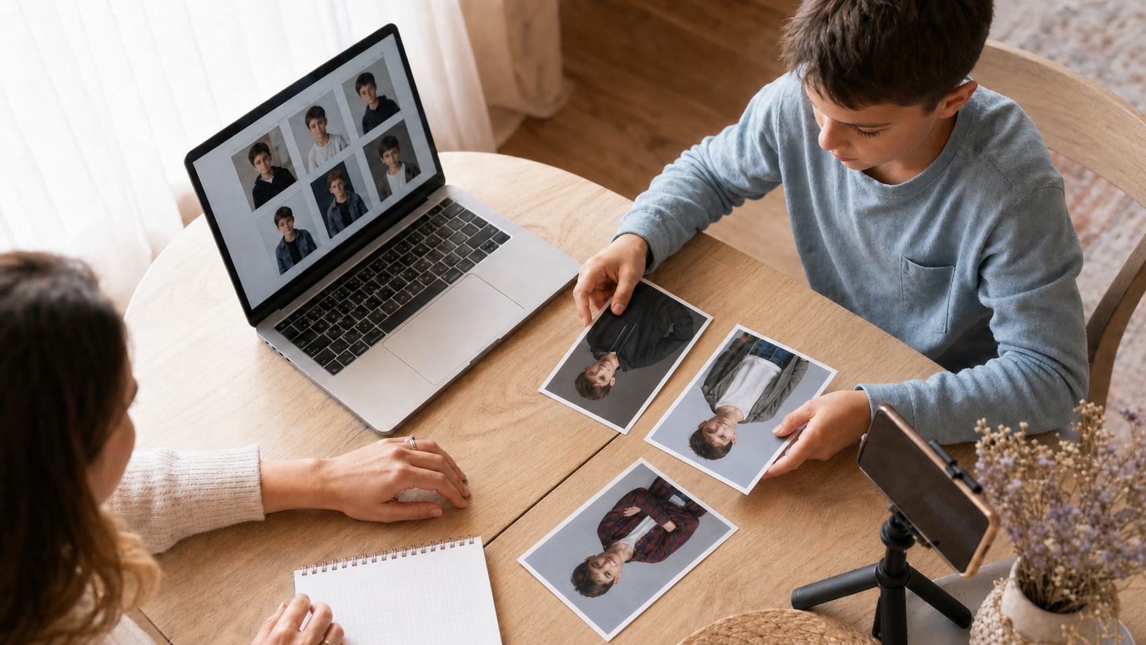 Мама и сын выбирают фотографии для первого актёрского портфолио